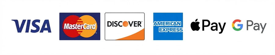 We accept Visa, Mastercard, Discover, American Express, Apple Pay and Google Pay